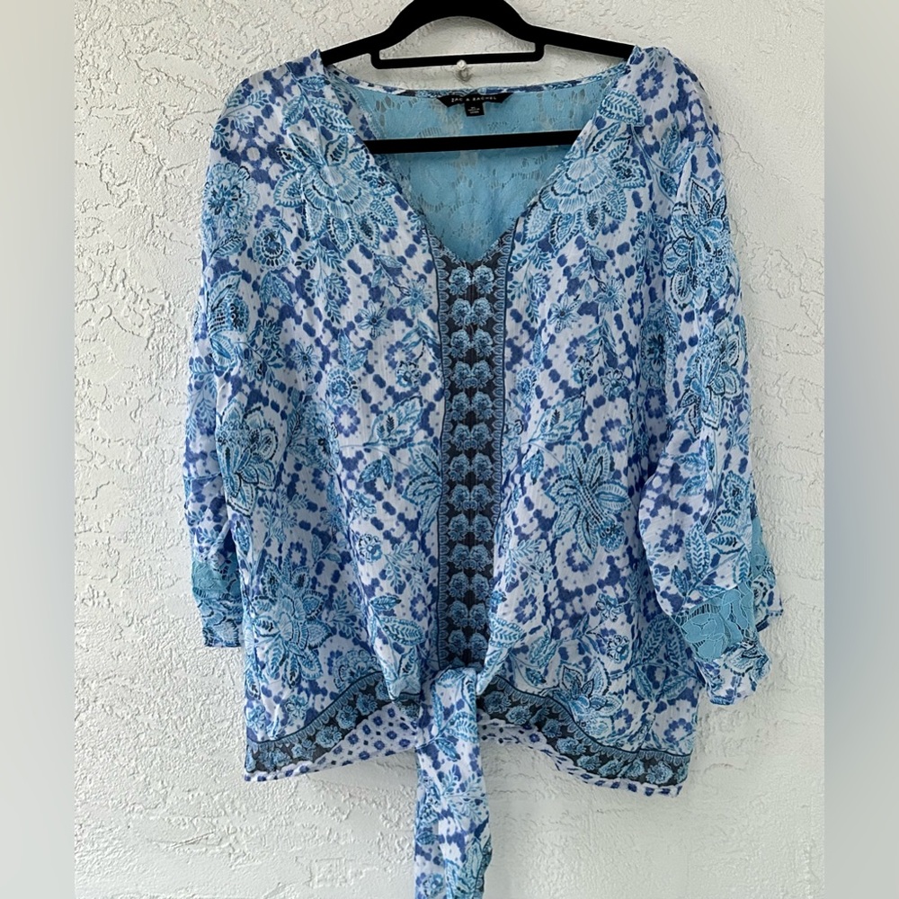 Zac & Rachel Blouse Tie Front Floral Lace Pullover Blue White XL - Picture 2 of 5